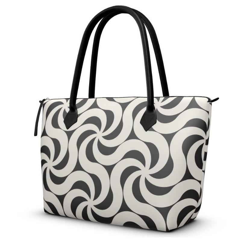 Etare Zip Top Smooth Leather Tote Bag - Abstract Swirl Print - Handmade in England Black White Mod Retro Shoulder Bag