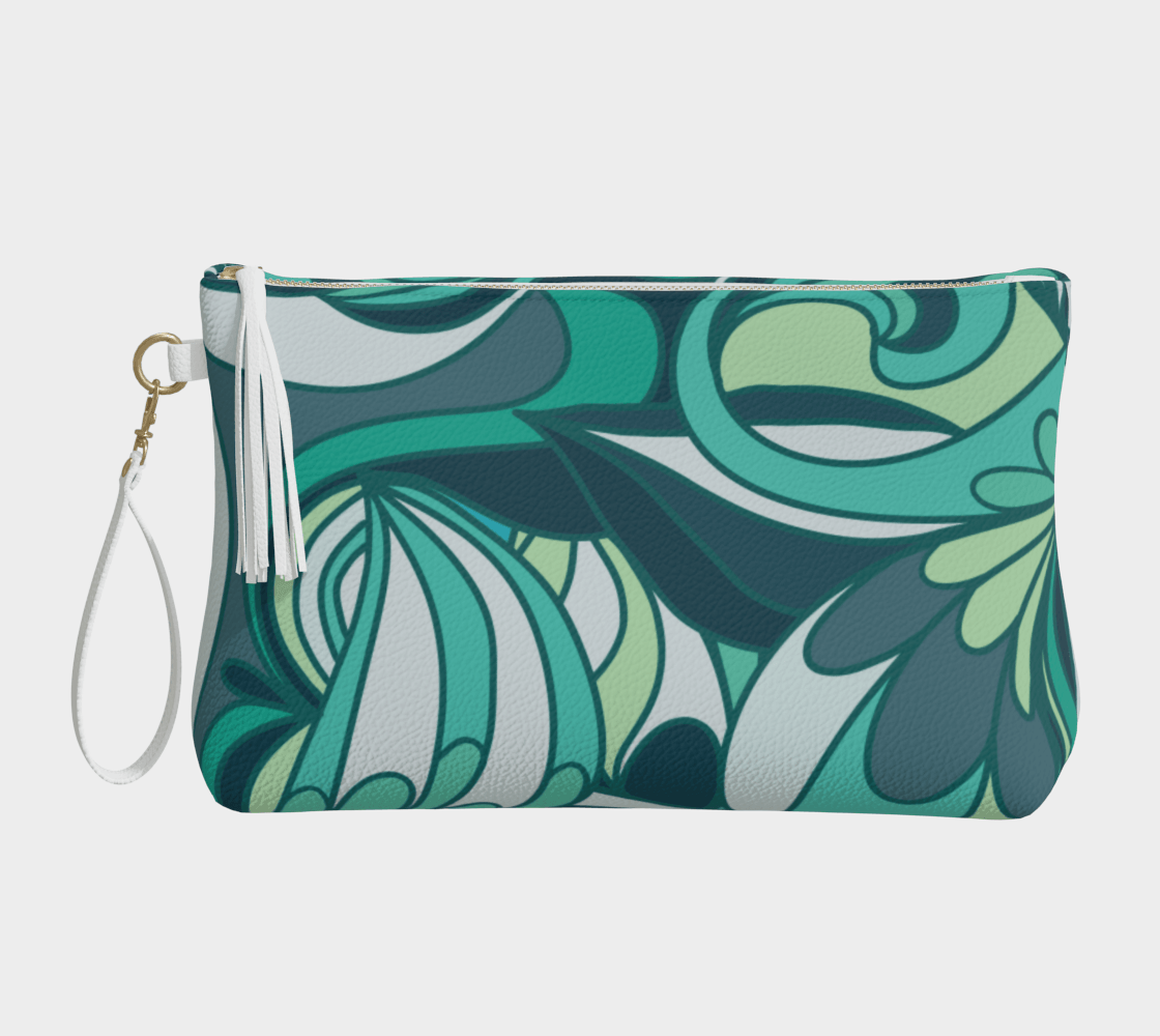 Mima Vegan Leather Wristlet Clutch Pouch - Floral Swirl Print Retro Green Blue Teal Multicolor Purse