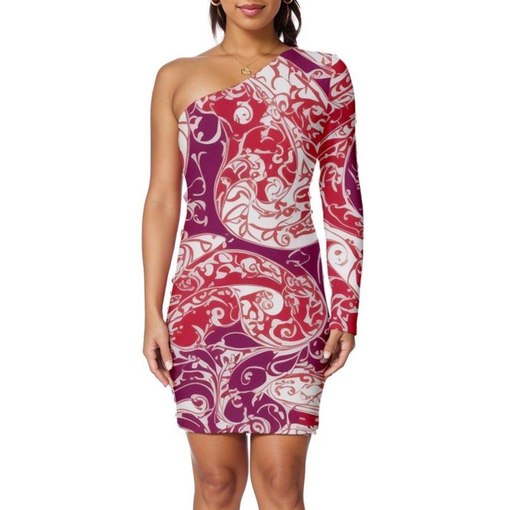 Inpa Paisley One Shoulder Mini Dress Long Sleeve Dress - Red Abstract Baroque Paisley Pattern - Bold Vibrant Retro Evening Casual