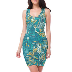 Masu Bodycon Mini Dress - Coral Paisley Boho Print Floral Green Blue Retro Wild Fitted Pattern Dress Tank 