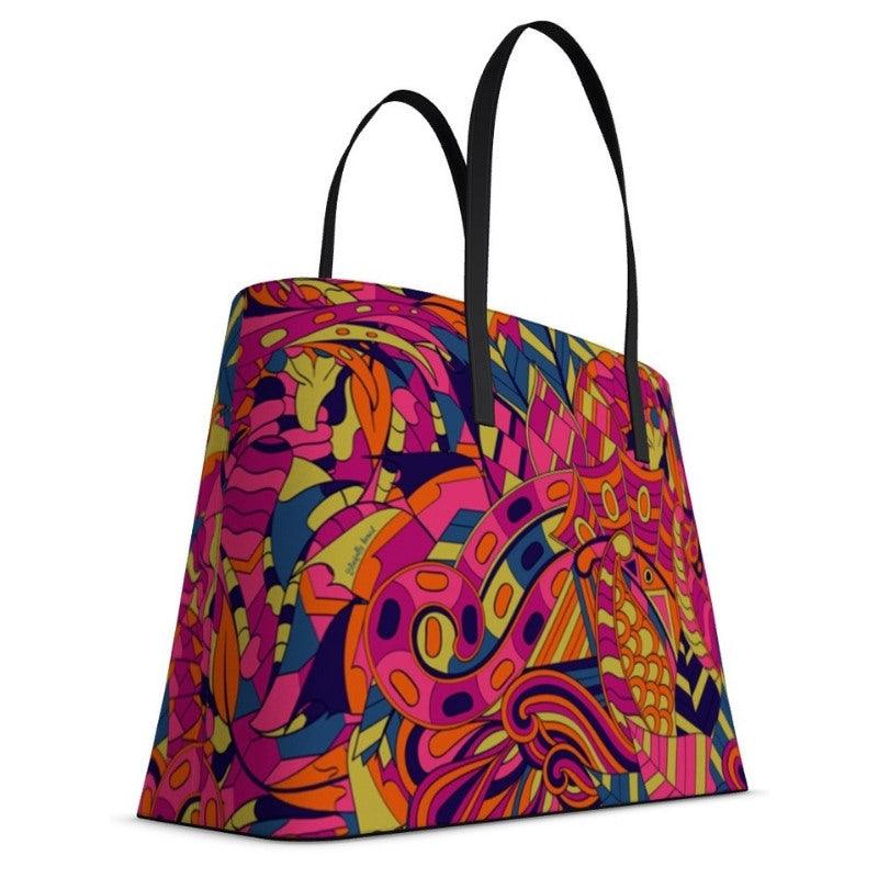 Lina Large Smooth Leather Tote Bag - Multicolor Abstract Psychedelic Geometric Retro Print - Pink - Red - Green - Handmade in England