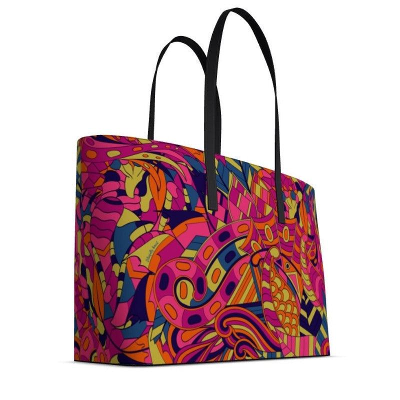 Lina Small Smooth Leather Tote Bag - Multicolor Abstract Psychedelic Geometric Retro Print - Pink - Red - Green - Handmade in England