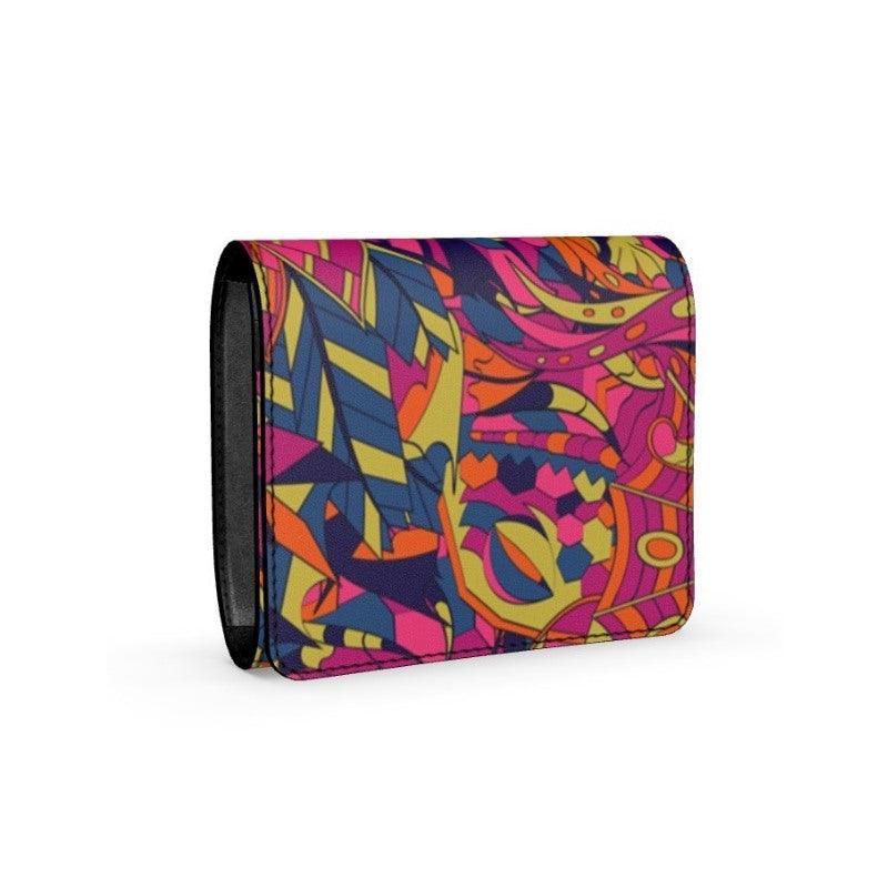 Lina Smooth Leather Fold Over Wallet - Abstract Multicolor Kaleidoscope Retro Print - Button Closure - Handmade in England
