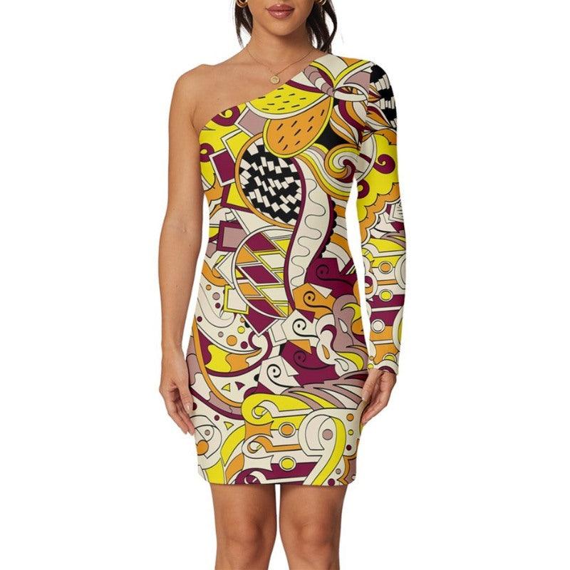 Sabi One Shoulder Long Sleeve Mini Dress - Psychedelic Kaleidoscope Print Retro  Wild Abstract Multicolor Swirls  Evening Dress Club Dress