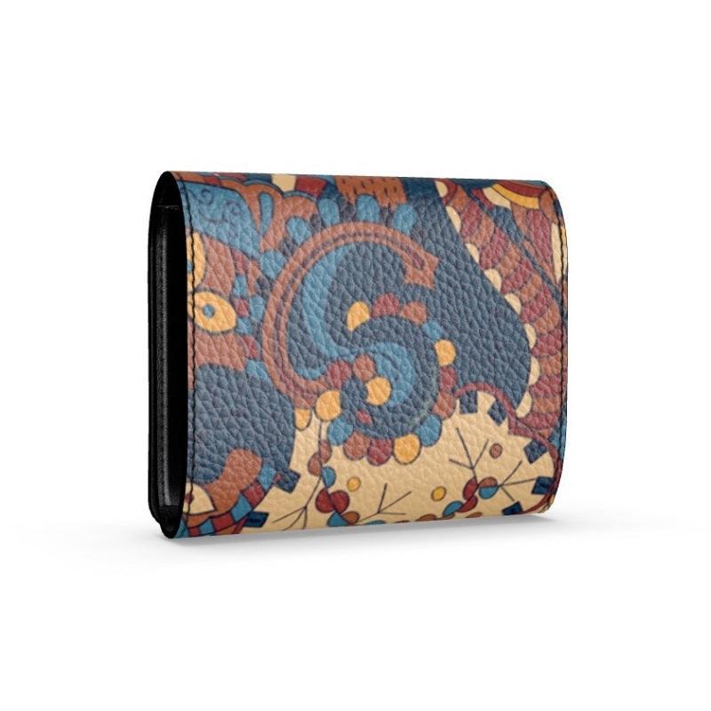 Kuri Nappa Handmade Textured Leather Small Fold Over Wallet - Brown Blue Psychedelic Retro Swirl Abstract Paisley Print