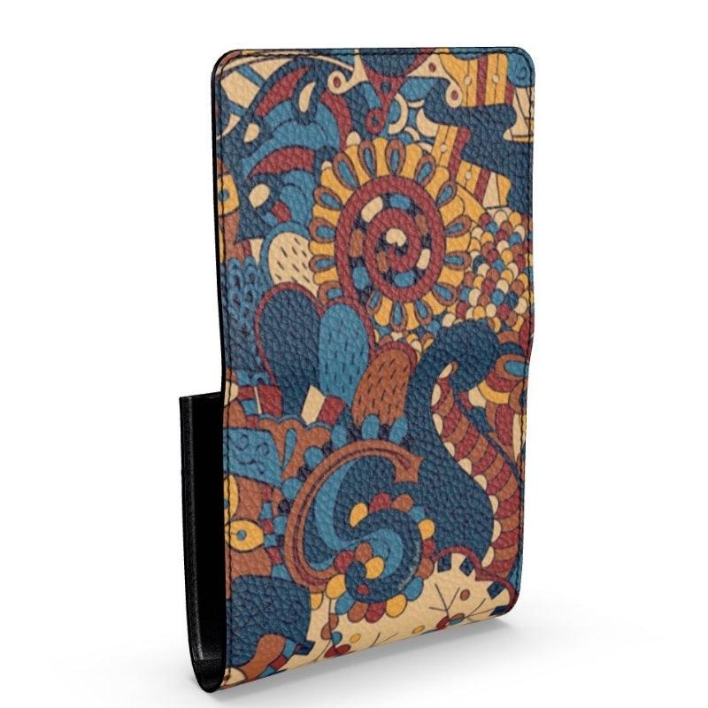Kuri Nappa Handmade Textured Pebble Leather Small Fold Over Wallet - Brown Blue Psychedelic Retro Swirl Abstract Paisley Print