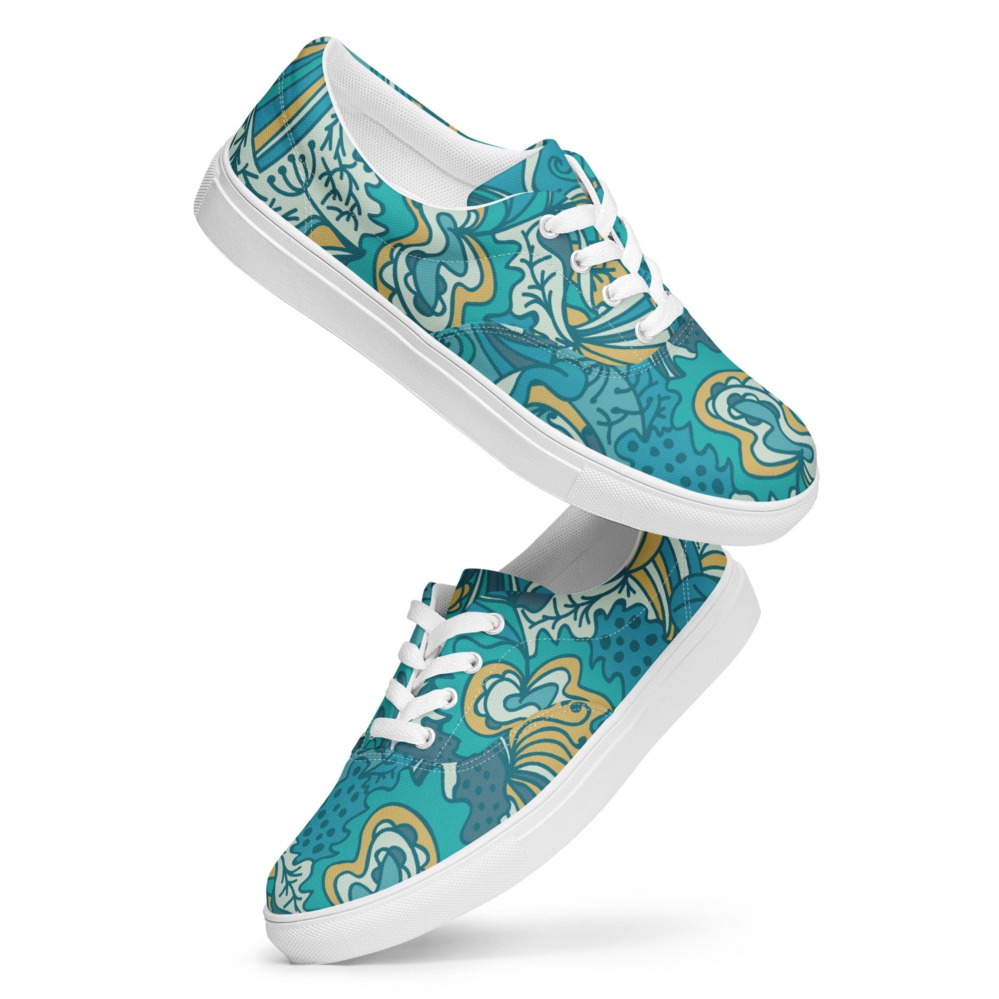 Masu Lace Up Canvas Women's Sneakers - Abstract Pastel Kaleidoscope Retro Floral Print - Blue | Green