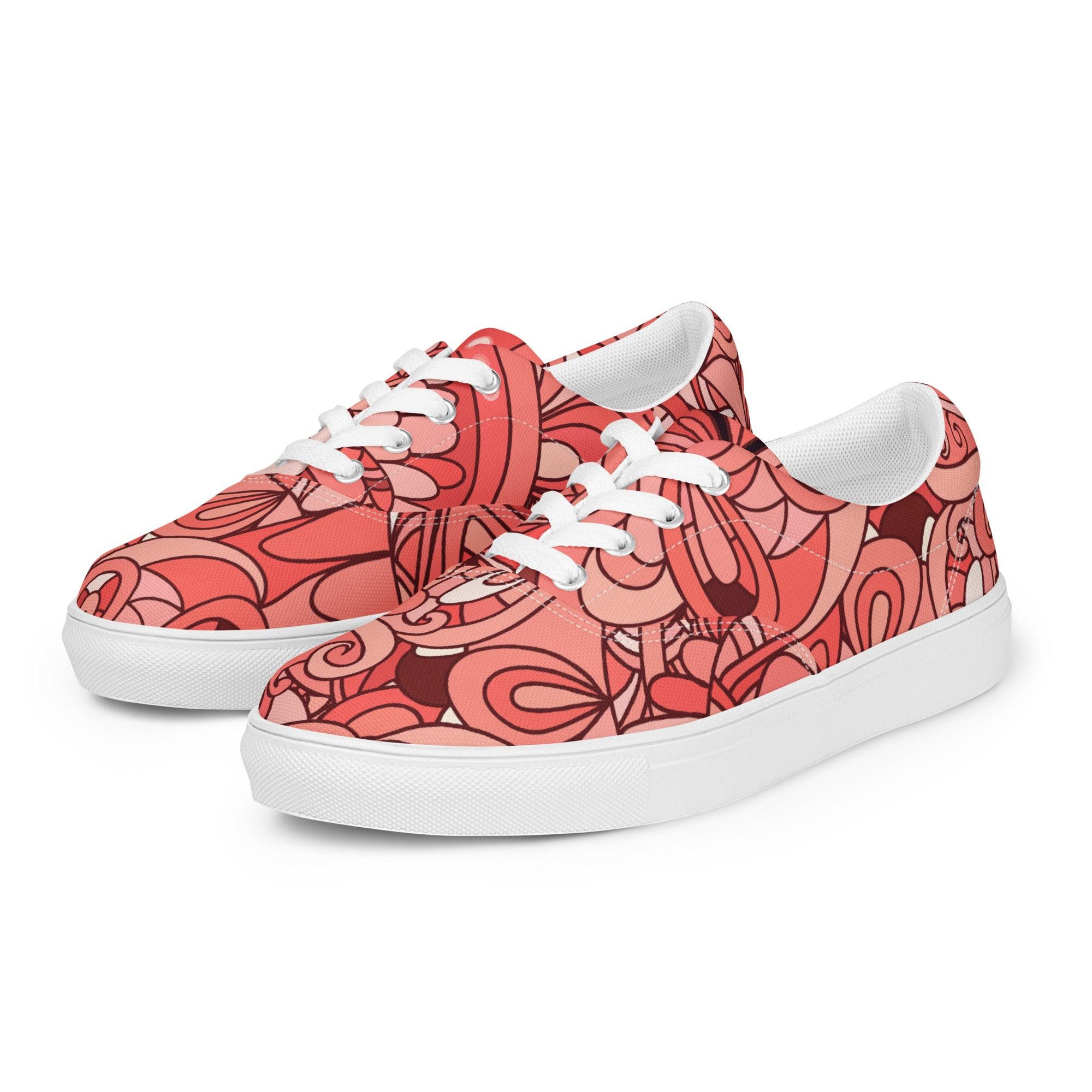 Citra Lace Up Canvas Women's Sneaker - Abstract Floral Retro Print - Red | Pink