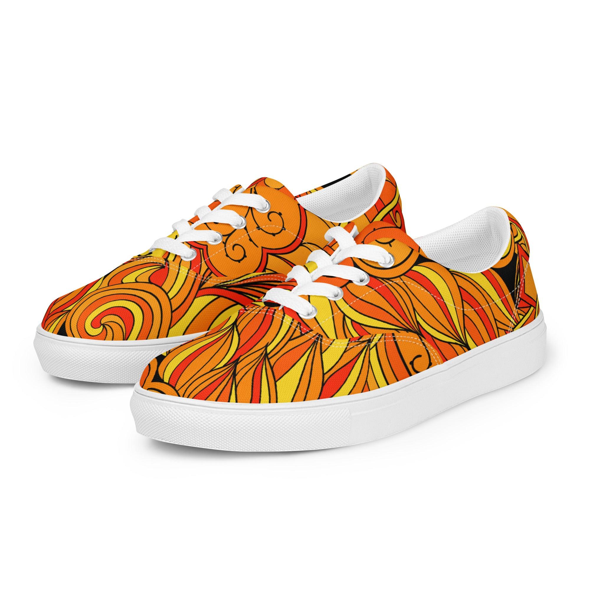 Mandra Lace Up Women's  Canvas Sneakers - All Over Abstract Orange Print Retro Kaleidoscope
