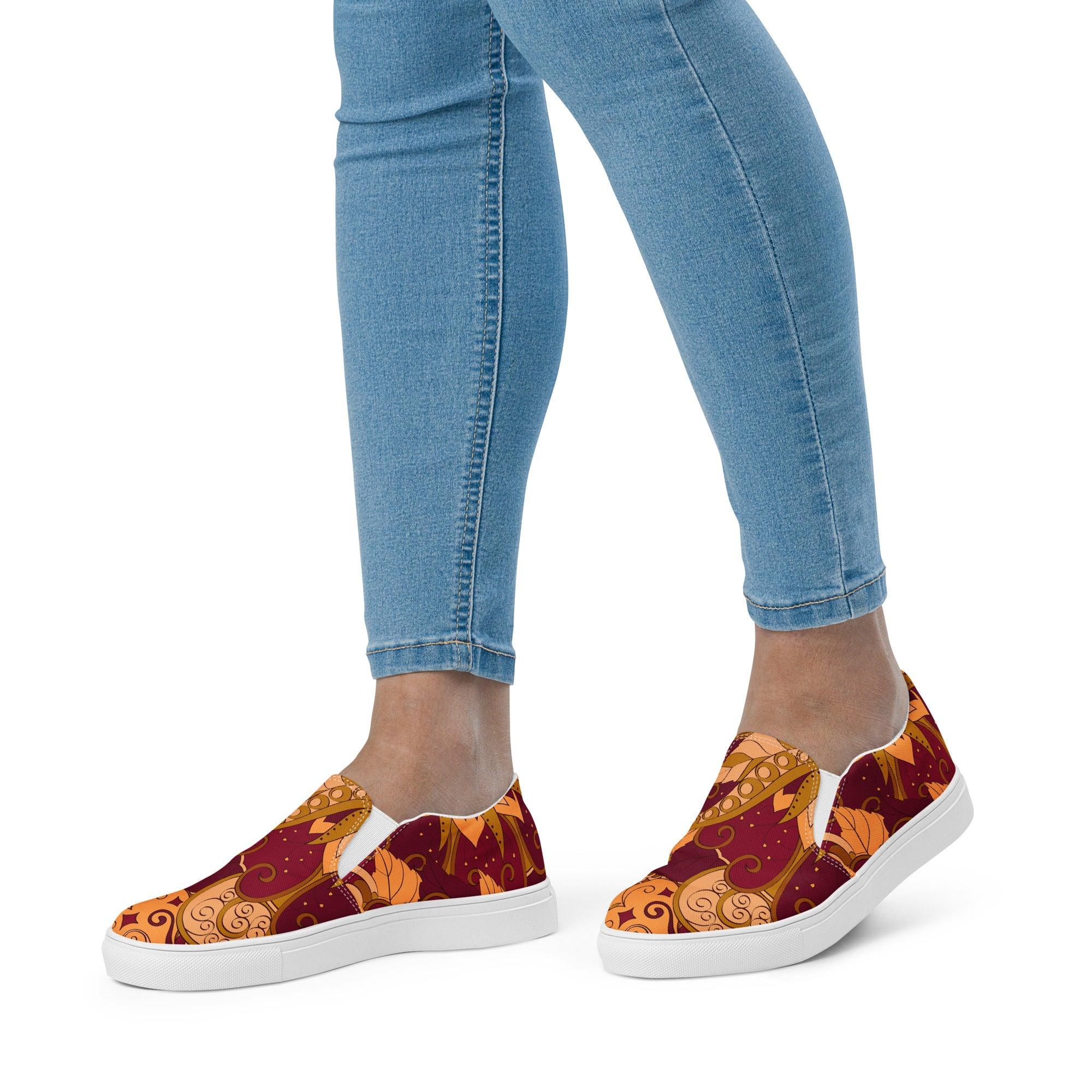 Renai Slip On Canvas Women's Sneakers - All Over Abstract Psychedelic Retro Paisley Floral Print -  Flower Power - Bold Vibrant Womens Shoes - Boho