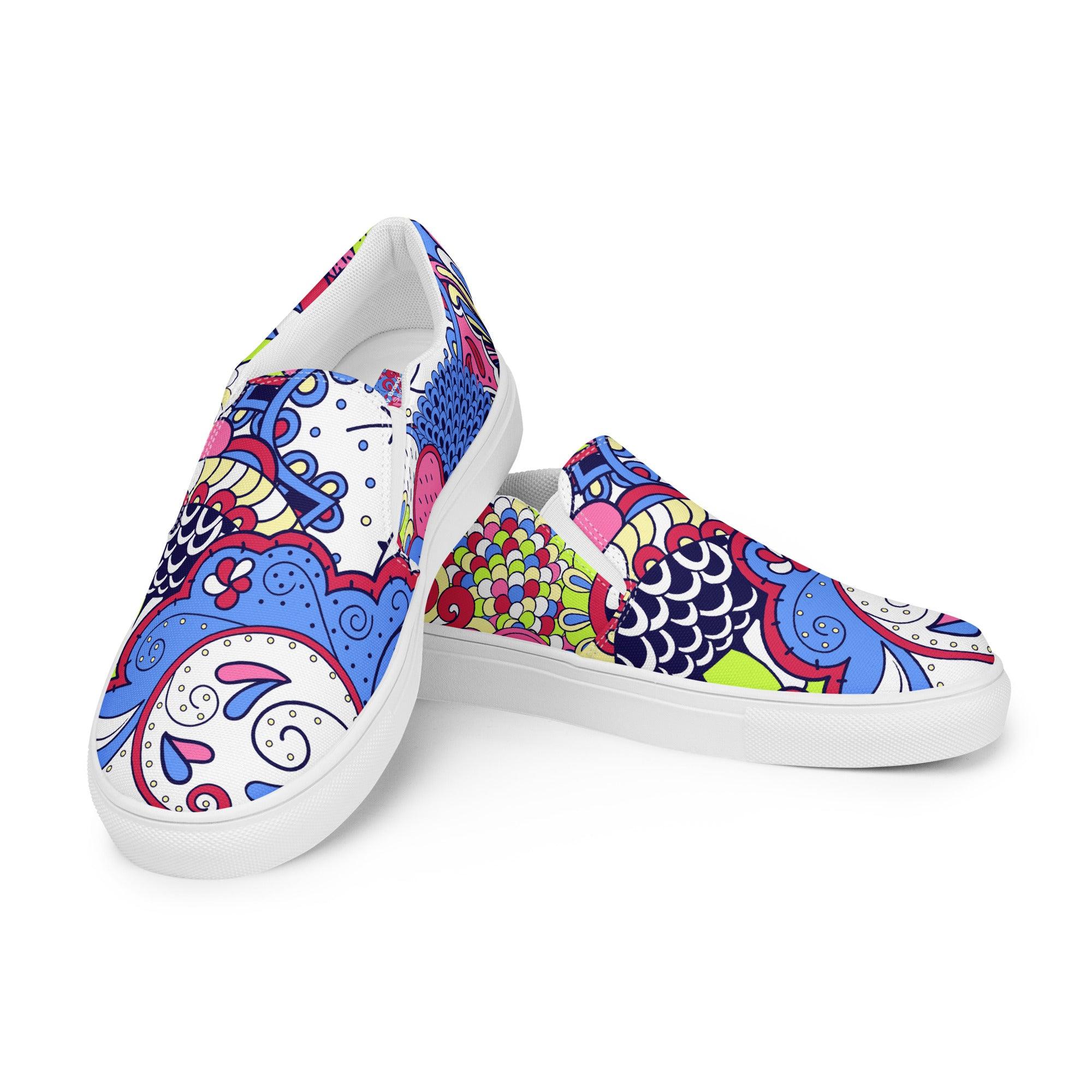 Sechia Slip On Canvas Women's Sneakers - Abstract All Over Floral Pink Blue - Retro Psychedelic Print